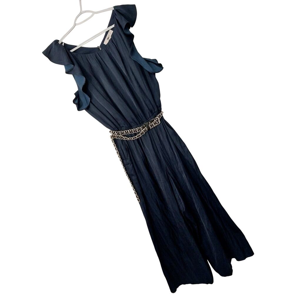 LOFT Navy Ruffle-Sleeve Wide-Leg Jumpsuit - Picture 2 of 11